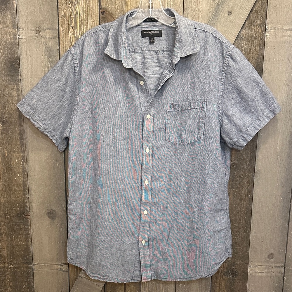 Banana Republic Linen Blend Chambray Button Up Short Sleeve Shirt Men Size XL